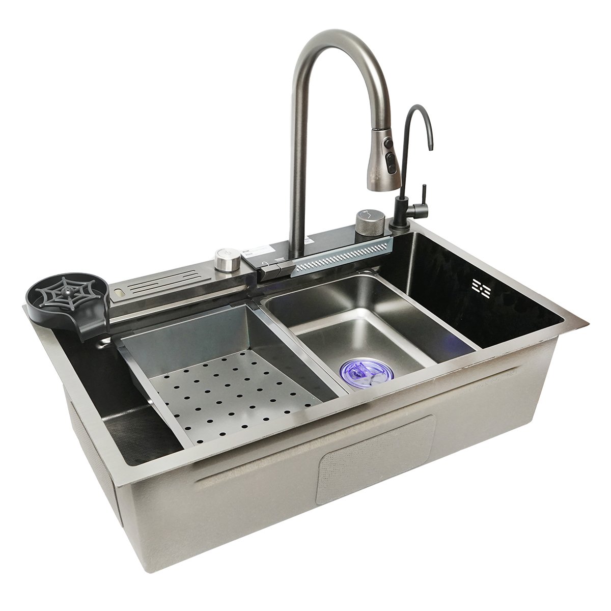 Chiuveta bucatarie multifunctionala cu doua baterii, otel inoxidabil, afisaj digital temperatura, doua cascade, spalator pahare, scurgator, tava, tocator si accesorii scurgere incluse, dimensiune 75x46x23.5cm